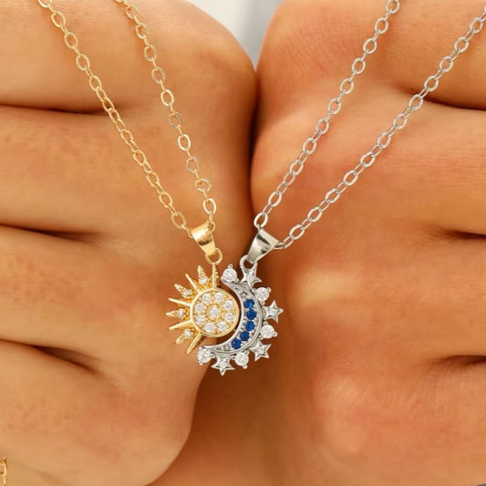 2Pcs/Set Magnetic Couple Matching Necklace Sun Moon Heart Shape Magnet Paired Pendant Jewelry Chain Choker Fashion Lover Gift