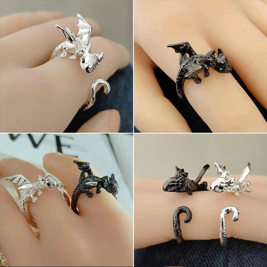 Creative Funny Black Flying Dragon Rings for Women Man Adjustable Animal Open Rings Luxury Couple Rock Party Jewelry Gift